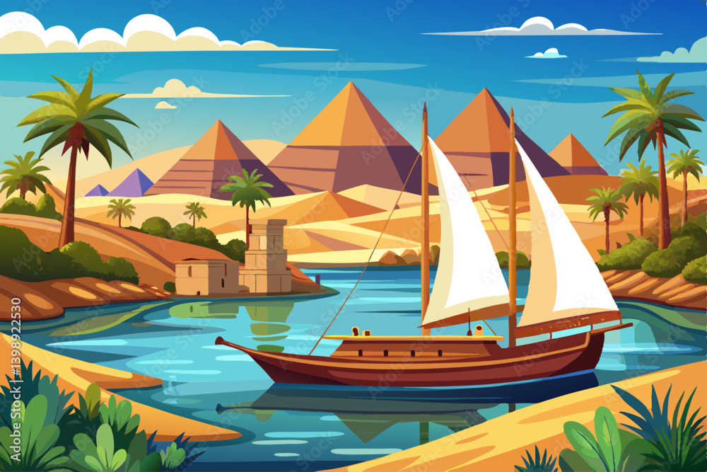 Naklejka premium vector of Traditional wooden sailboat on the Nile River with the Pyramids of Giza in the background