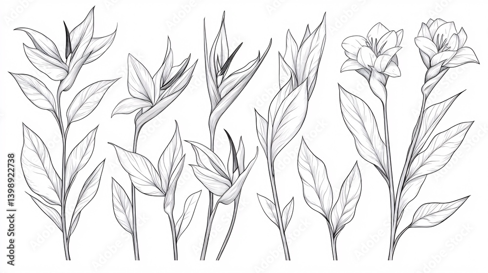Naklejka premium Vector Set of Outline Bird of Paradise Flowers and Leaves for Spring Designs