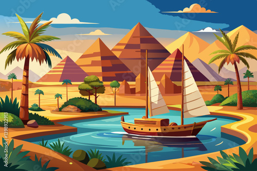 vector of Traditional wooden sailboat on the Nile River with the Pyramids of Giza in the background