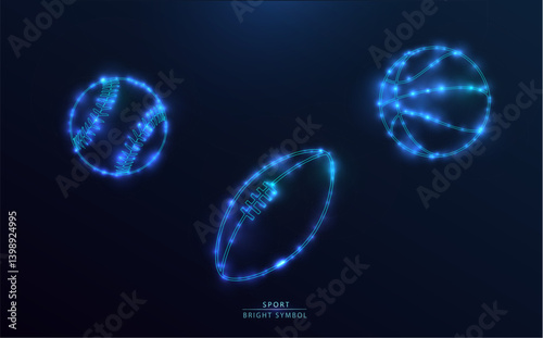 Futuristic illustration of three glowing sports balls with neon blue effect on a dark background: baseball, American football, and basketball. Bright digital design perfect for sports and tech themes.