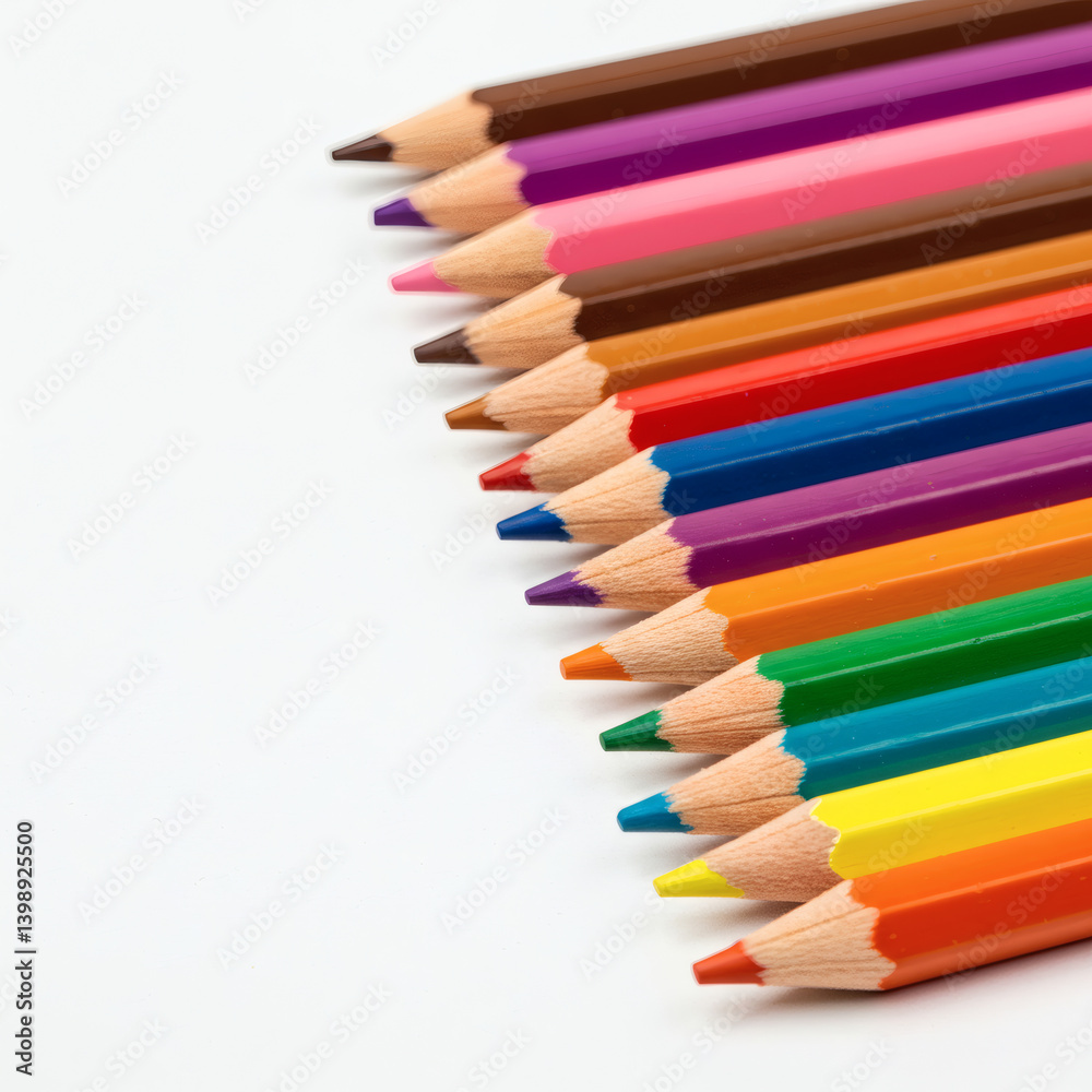 Vibrant Colored Pencils Arranged in a Row on White Background Vibrant Colored Pencils Arranged in a Row on White Background