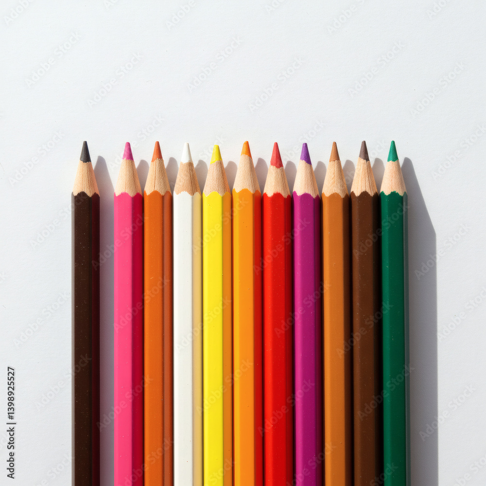 Vibrant Colored Pencils Arranged in a Row on White Background Vibrant Colored Pencils Arranged in a Row on White Background