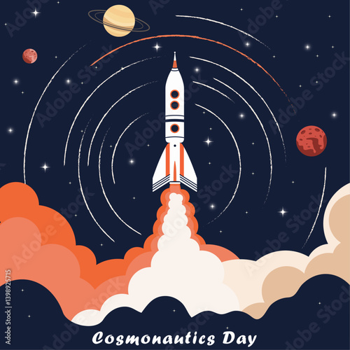 Cosmonautics Day illustration with rocket launch into space, planets, stars, and galaxy in the background. Futuristic cartoon design for science, space exploration, and astronomy celebration themes.