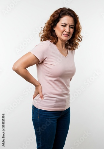 beautiful woman is experiencing pain in the lower back face pain back white