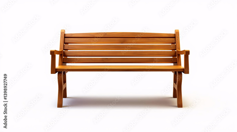 A simple wooden bench with armrests and slatted seating, set against a clean white background. A simple wooden bench with armrests and slatted seating, set against a clean white background.