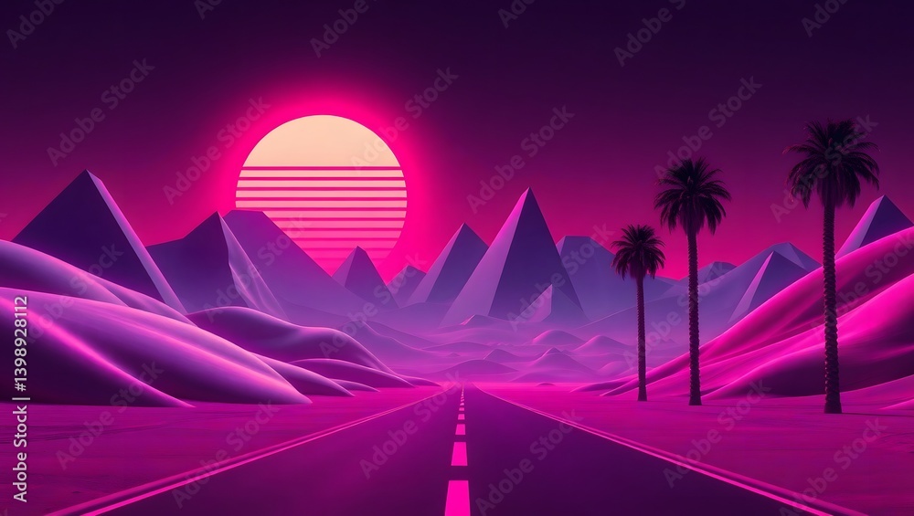 Fototapeta premium Synthwave Futuristic Mountain Landscape with Palm Trees and Surreal Sunset , Retro 80s Inspired Digital Art Background