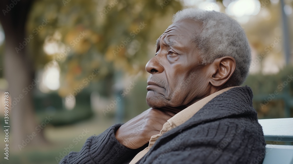 Obraz premium Elderly man, thoughtful and contemplative, outdoors, seated on park bench