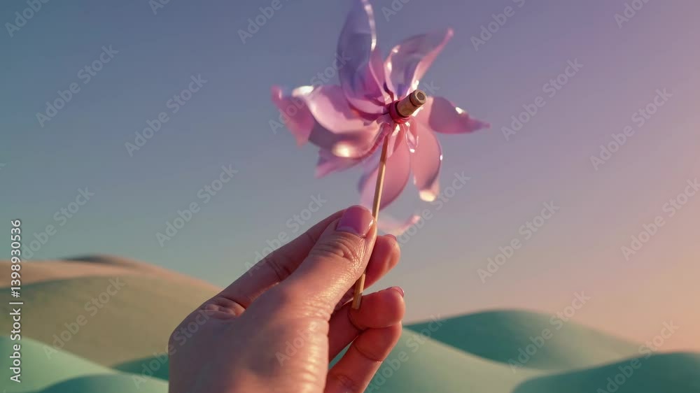 Close-up, low-angle shot of a hand holding a pink pinwheel against a pastel sky, evoking a dreamy, nostalgic video feel with soft lighting. Live desktop wallpaper.