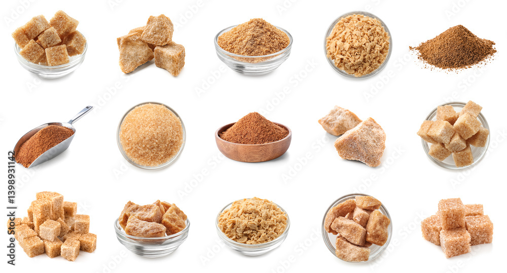Set of different brown sugar on white background Set of different brown sugar on white background