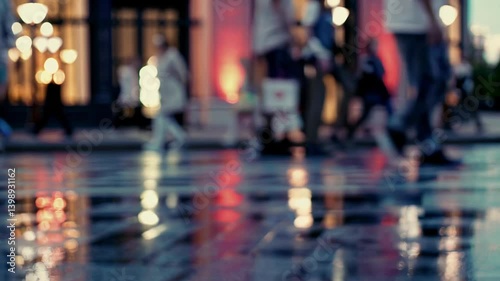 Wallpaper Mural People walking on wet pavement in city at night with bright lights reflecting Torontodigital.ca