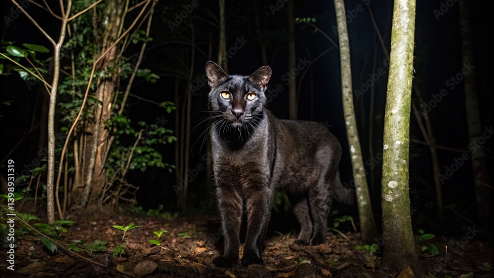 Conservation Biodiversity concept Black cat in a dark forest setting, surrounded by trees and foliage. Conservation Biodiversity concept Black cat in a dark forest setting, surrounded by trees and foliage.