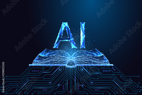 Futuristic AI knowledge learning concept with glowing open book and digital circuits on dark blue