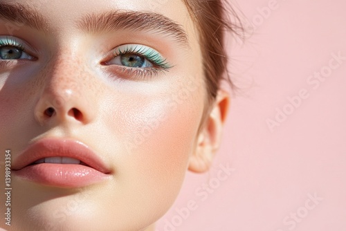 Woman face beauty makeup flawless skin pink background light blue eyeshadow commercial image