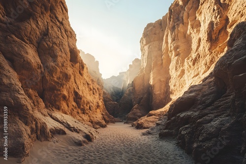 A narrow canyon with tall rock walls and sandy floor illuminated by sunlight at the end of the path