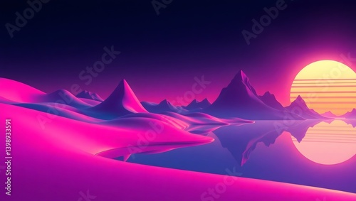 Synthwave Futuristic Mountain Landscape with Palm Trees and Surreal Sunset, Retro 80s Inspired Digital Art Background