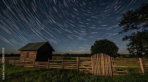Star trails over a rustic countryside scene