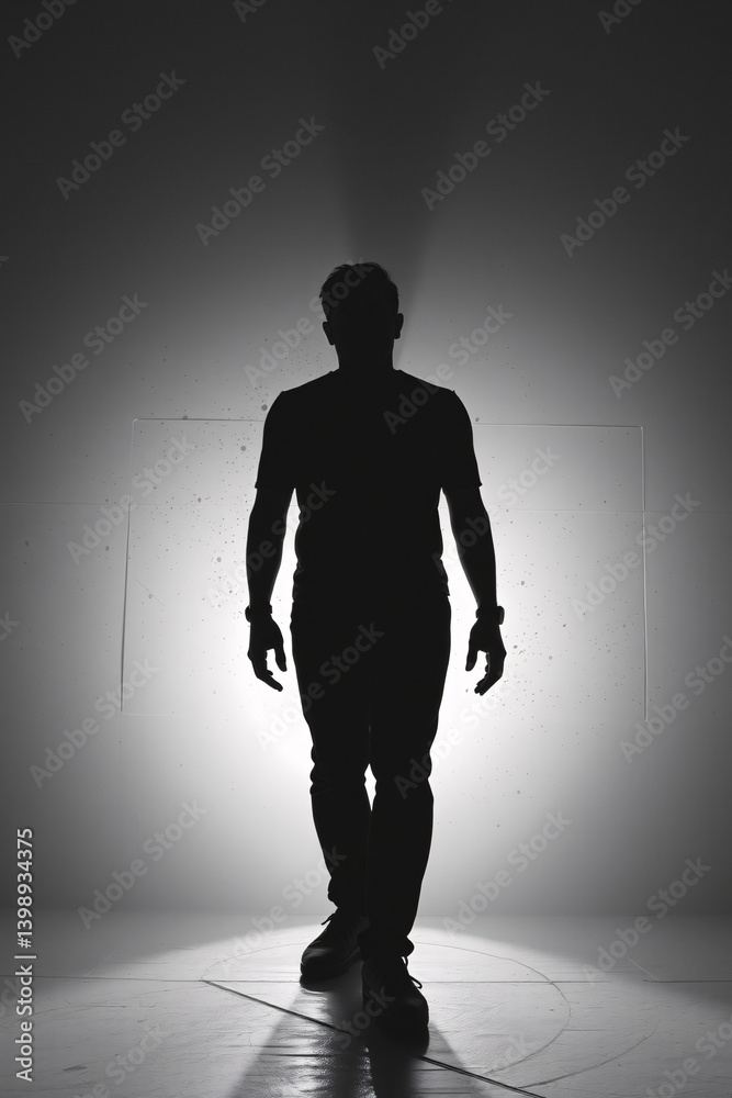 Obraz premium Dramatic silhouette of a man standing confidently against a bright, contrasting background, exuding strength and determination.