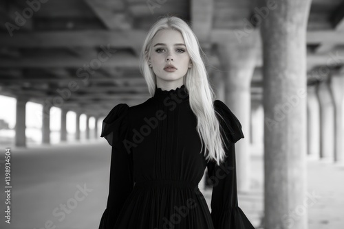 Woman in elegant black dress monochrome portrait architectural space