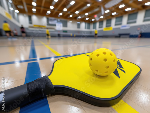 Pickleball paddle and ball set for evening practice at indoor facility