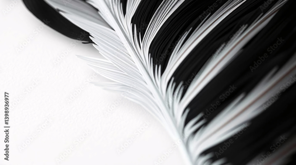 Fototapeta premium A single black and white feather floating gracefully against a clean, minimalistic background.