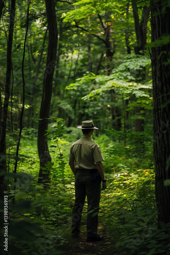 A park ranger stands in a sun-dappled forest, his back to the viewer. He wears a uniform and hat, observing the dense green surroundings. The setting is serene and natural.