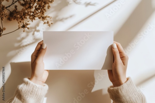 Hands holding blank card mockup on white background