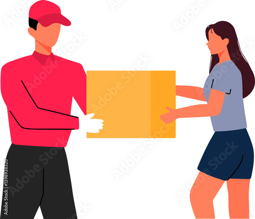 Delivery service courier with masks and giving the package to woman