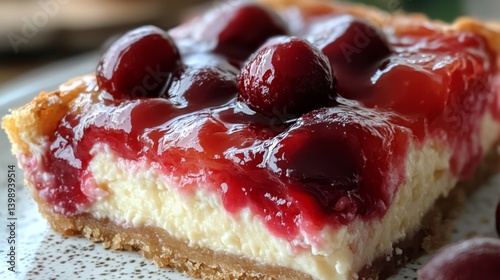 This mouthwatering cheesecake slice topped with luscious cherries is a visual and edible delight, perfect for anyone craving a taste of sweet indulgence.