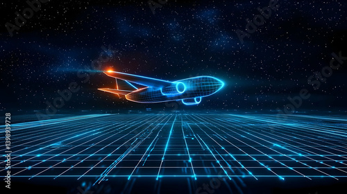 Futuristic Airplane Above Night Cityscape With Glowing Lines