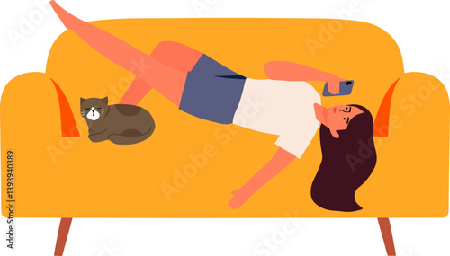 young woman lying down using cellphone on sofa at home and cat cartoon