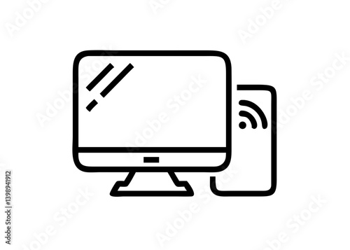 PC and cell phone. icon. wi-fi. Cute icon with black line drawing.
