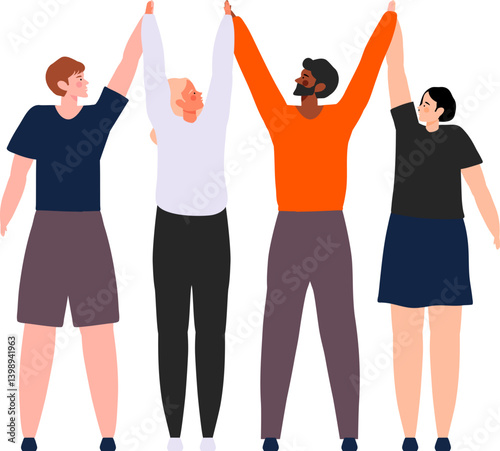 People are holding and raising their hands. Happy people standing in row together.