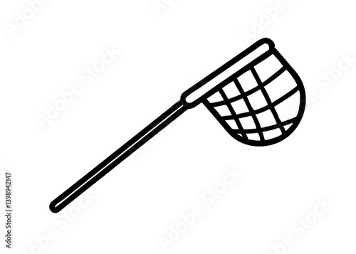 Catching net icon. Fishing tool motif. Insect catcher. Cute icon with black line drawing.