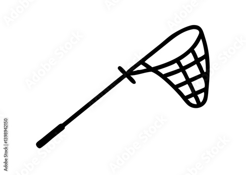 Catching net icon. Fishing tool motif. Insect catcher. Cute icon with black line drawing.