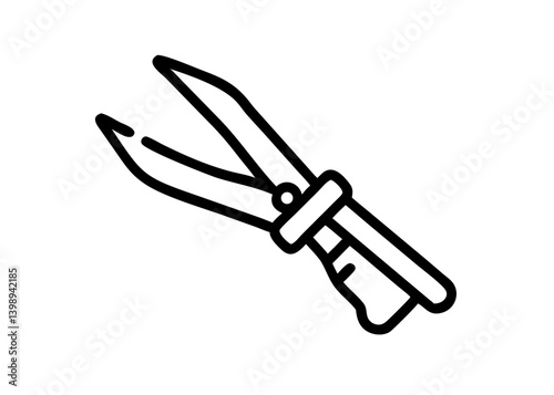 Scissors icon. Fishing tool motif. Stationery. Cute icon with black line drawing.