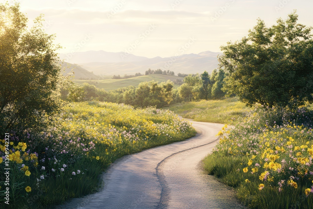 Naklejka premium Winding road through vibrant wildflowers