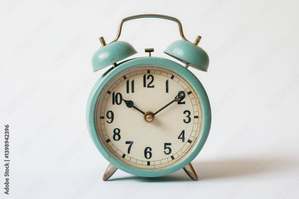 Turquoise alarm clock close up shot on white background Turquoise alarm clock close up shot on white background