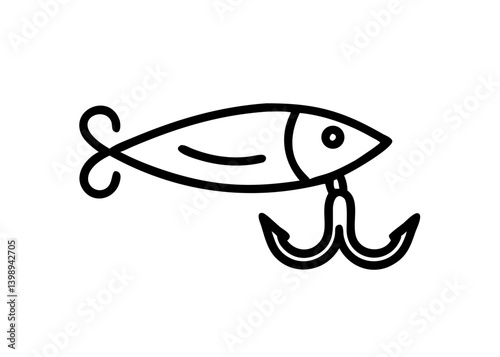 Lure fishing. Cute icon with black line drawing.