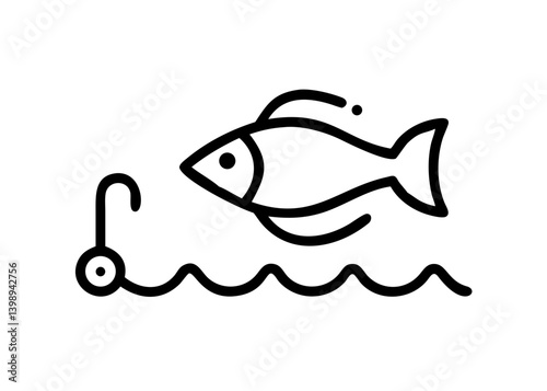 Fishing, Cute icon with black line drawing.