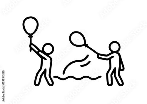 People playing with balloons. Water balloons. Summer festival. Cute icon with black line drawing.