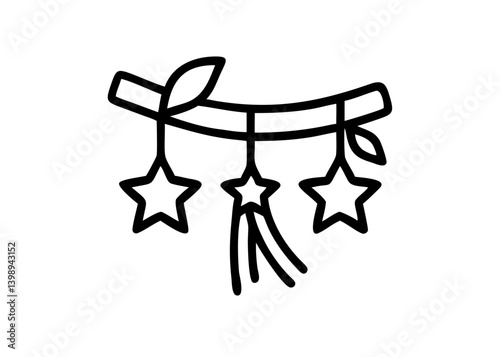 Tanabata bamboo branches and Tanabata decorations. Cute icon with black line drawing.