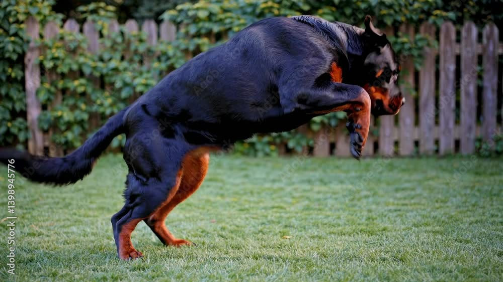 A Rottweiler sits alert on grass, captured from a low-angle, showcasing its strength. The video style emphasizes natural light and vivid colors.