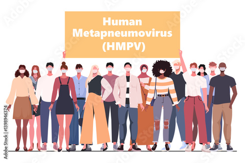 Human metapneumovirus (HMPV). Young modern men and women in protective medical masks holds a banner in her hands with the inscription Human metapneumovirus (HMPV).  Vector Not AI generated
