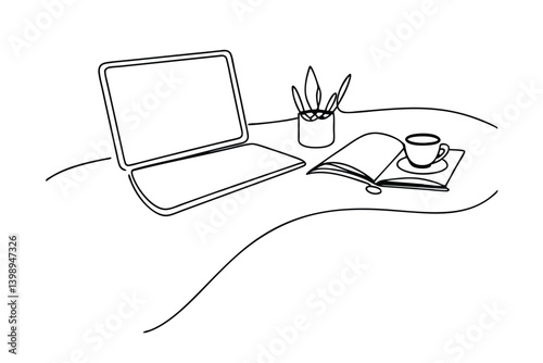 Minimalist Workspace Line Art Illustration Of Laptop Notebook Coffee And Plant On A Desk Creative Office Setup Design