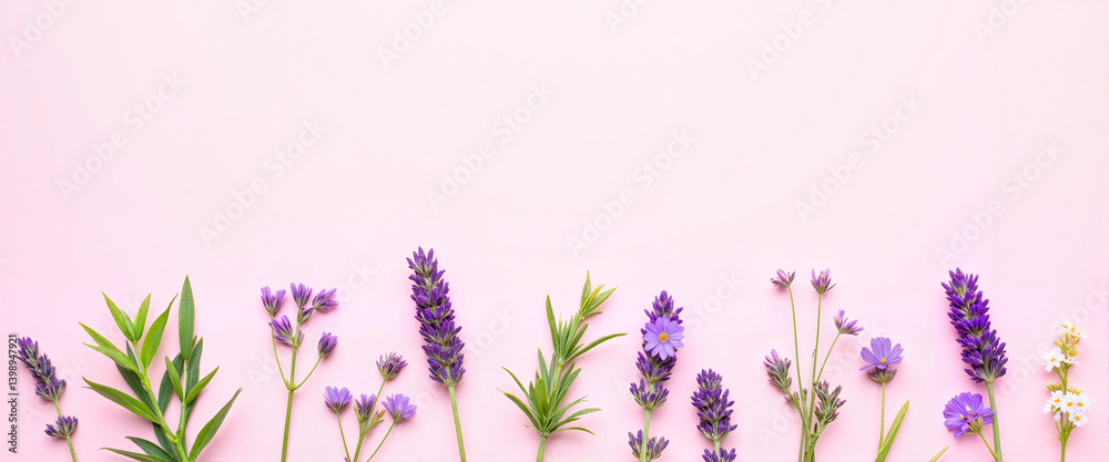 Naklejka premium Lavender flowers arranged on pink background 