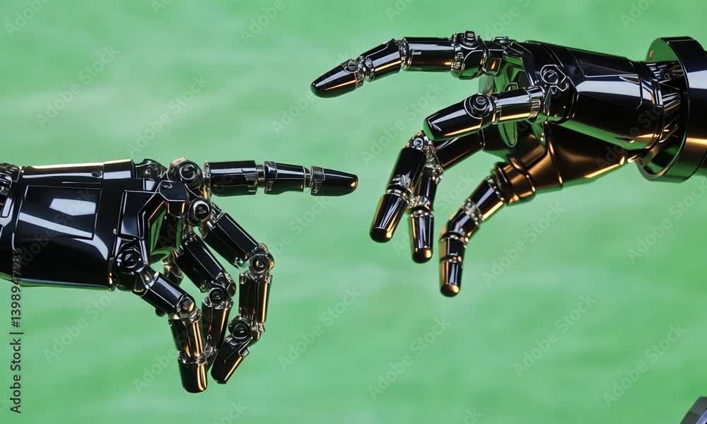 Robotic hands reaching towards each other against a green backdrop Robotic hands reaching towards each other against a green backdrop