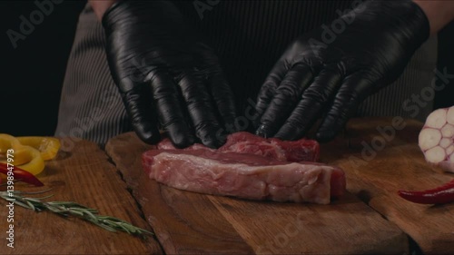 Chef preparing to cooking steak. Raw organic beef meat with rosemary, seasonings, salt and red pepper  on wooden cutting board, close-up. Slow motion