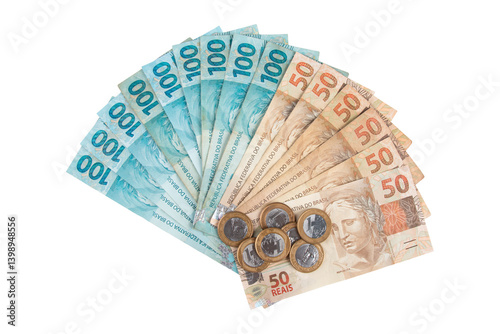 Brazilian real banknotes and coins fanned out including 100 and 50 reais bills