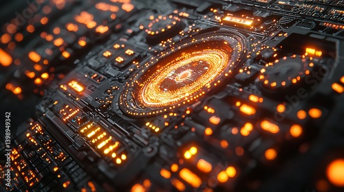 A detailed 3D rendering of a futuristic control panel, glowing holographic displays and intricate button arrays.