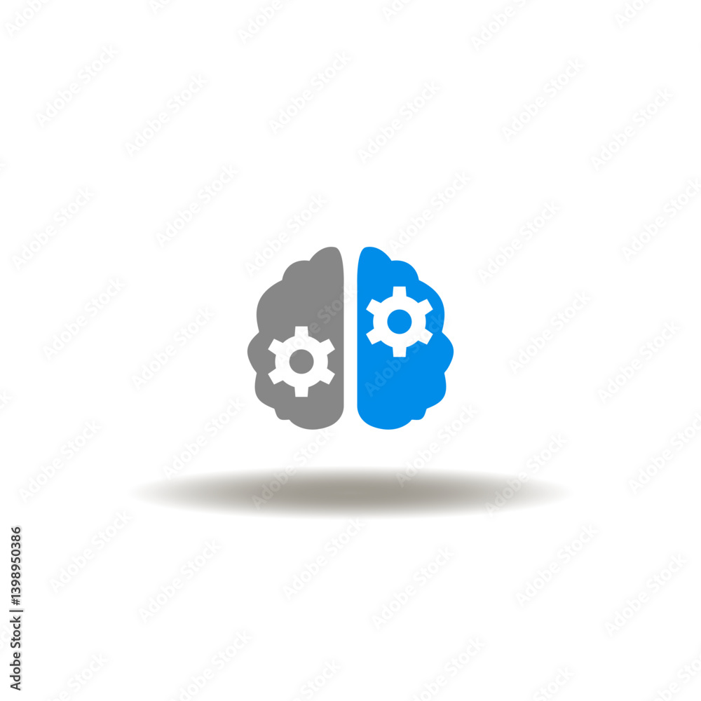 Vector illustration of brain with gear wheels. Symbol of lean thinking. Icon of think.